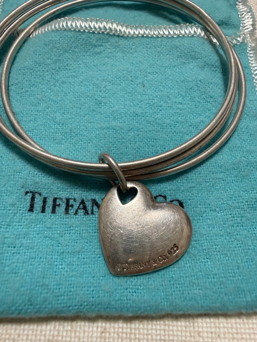 Tiffany & Co. Sterling Silver 925 Three Bangle Bracelet W/Heart Charm W/Pouch - Picture 12 of 16